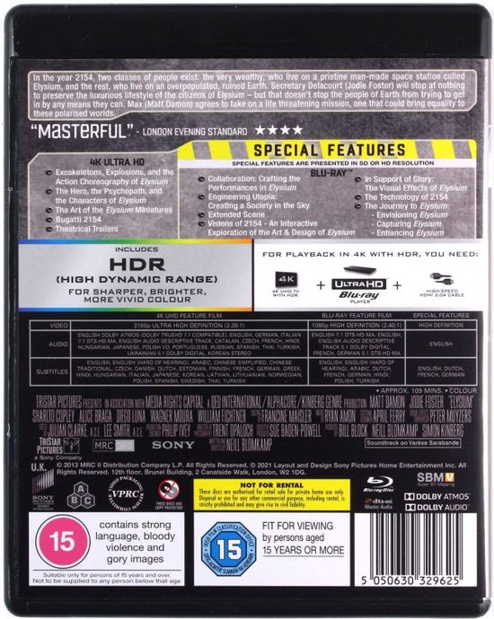 Achterkant hoes Elysium 4K Ultra HD Blu-ray. Toont beschrijving van de film, speciale functies en technische specificaties.
