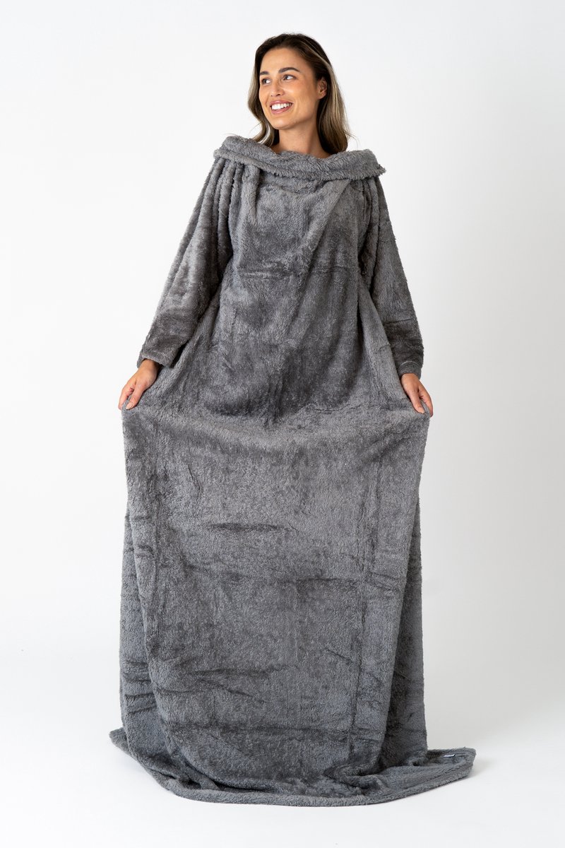 Fleece Deken met Mouwen - Plaid met Mouwen - Hoodie Deken - Hoodie Blanket - Huggle Hoodie - Snuggle Hoodie - Dekens - TV Deken - Grijs - Dames en Heren - Volwassenen - 180x130 cm - Noodpakket - Kerstcadeau - Snuggie Moment — cadeau in Wonen & Interieur - foto 4