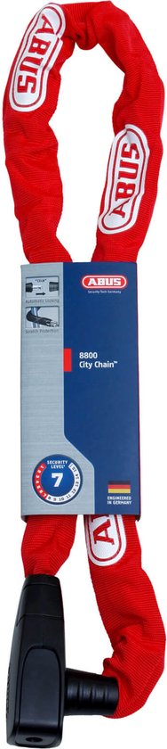 Rood ABUS 8800 City Chain kettingslot, met productinformatie en security level 7.