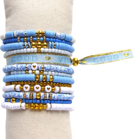 Principessa Katsuki kralenpakket voor armbanden met spacers – Blauwtinten – 4 mm Rocailles Roze en wit – Gouden kraaltjes - Festivallint