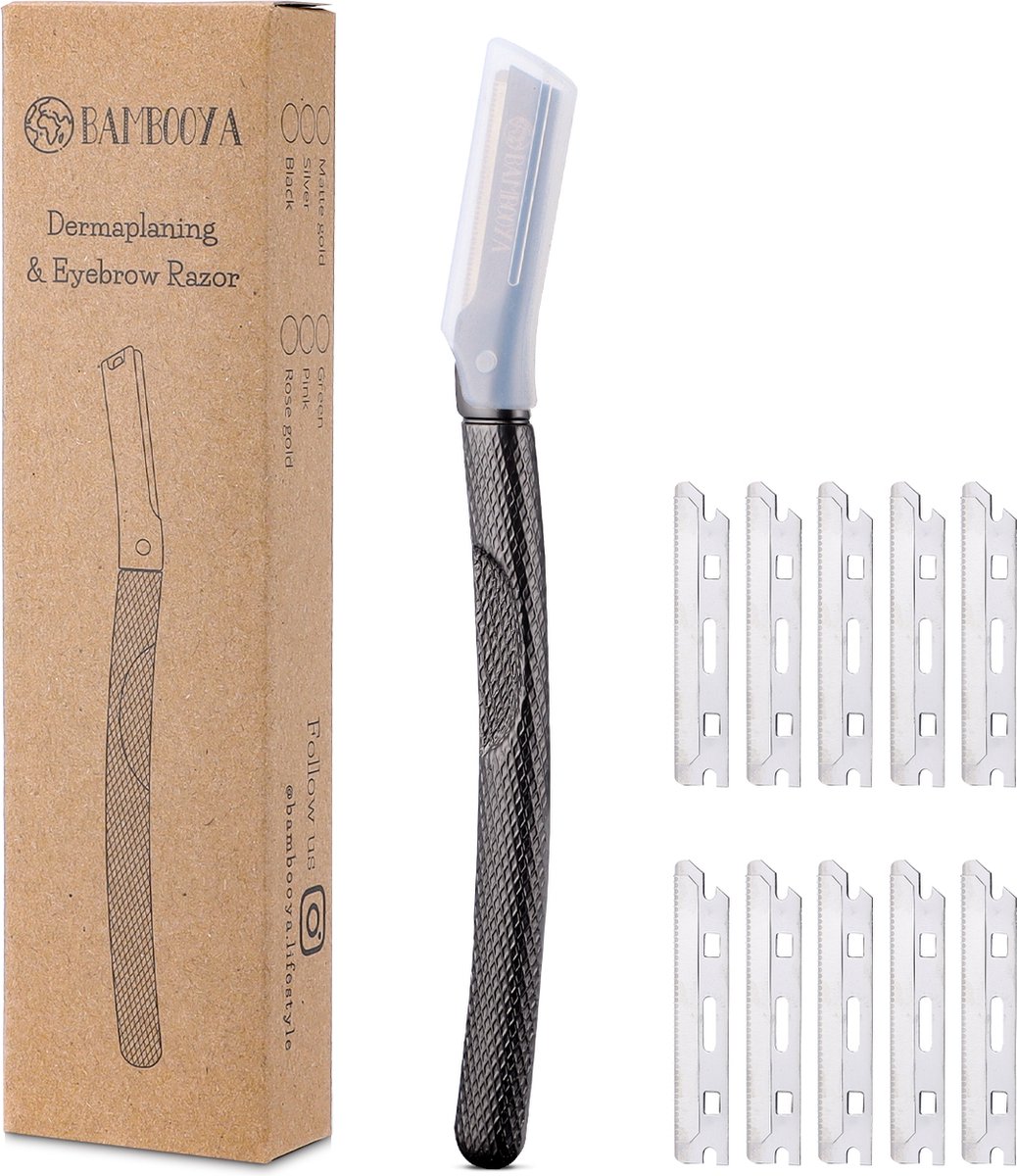 Bambooya Dermaplaning Razor voor Wenkbrauwen & Gezicht - Epileren - Veilig Mesje - Set van 10 Mesjes + Beschermkapje - Black