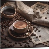 Vlag - Koffie - Krant - Koffiebonen - Lepel - Kopje - 80x80 cm Foto op Polyester Vlag