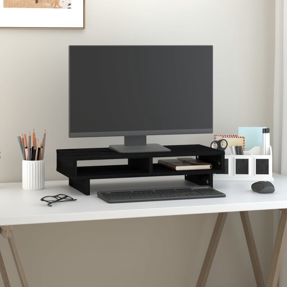 The Living Store Monitorstandaard - Classic Black - 60 x 27 x 14 cm - Solid Pine