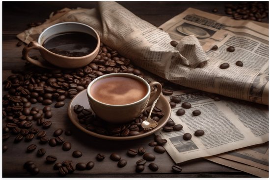Poster Glanzend – Koffie - Krant - Koffiebonen - Lepel - Kopje - 75x50 cm Foto op Posterpapier met Glanzende Afwerking