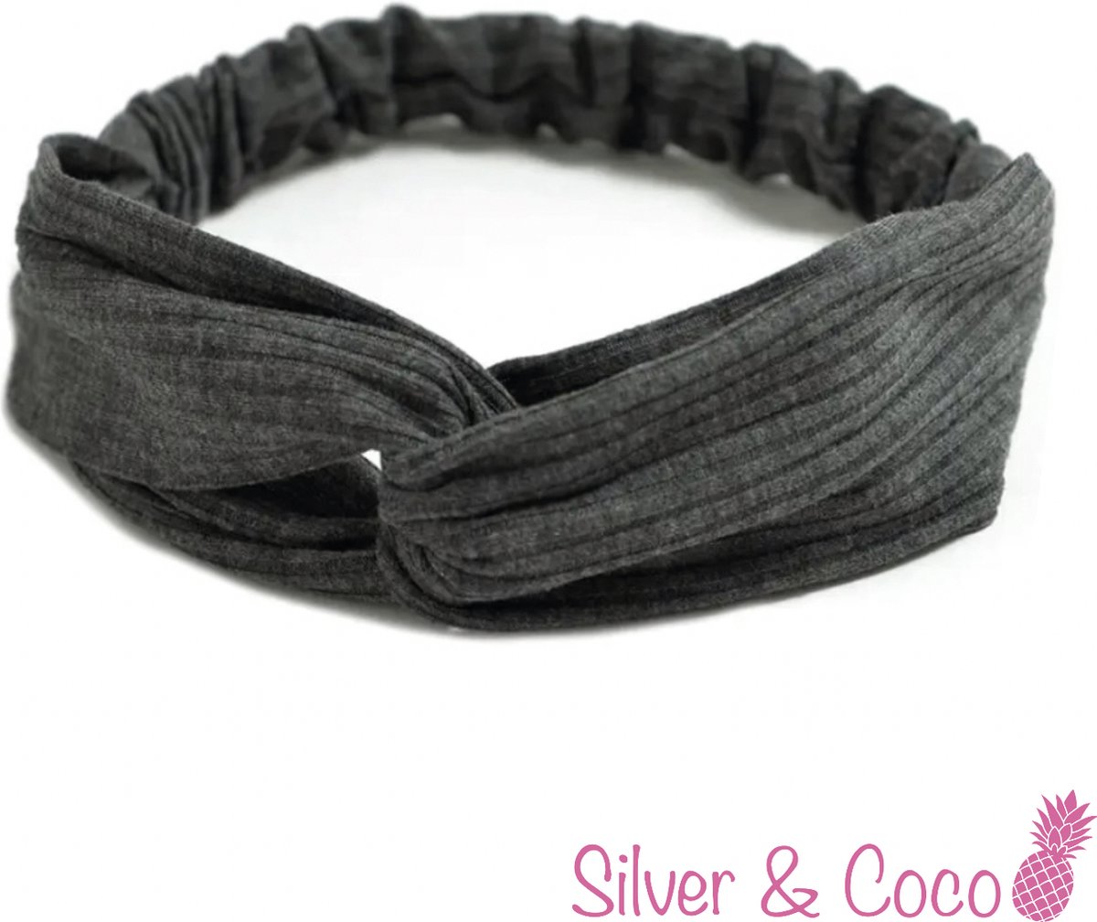 SilverAndCoco® - Haarband Festival Strik Dikke Fluffy Elastische Hoofdband Gedraaid / Geribbelde Brede Boho Vrolijke Zomer Haarbanden Dames / Elastische Meisjes Make up Knoop Bandana Breed - Donker Grijs