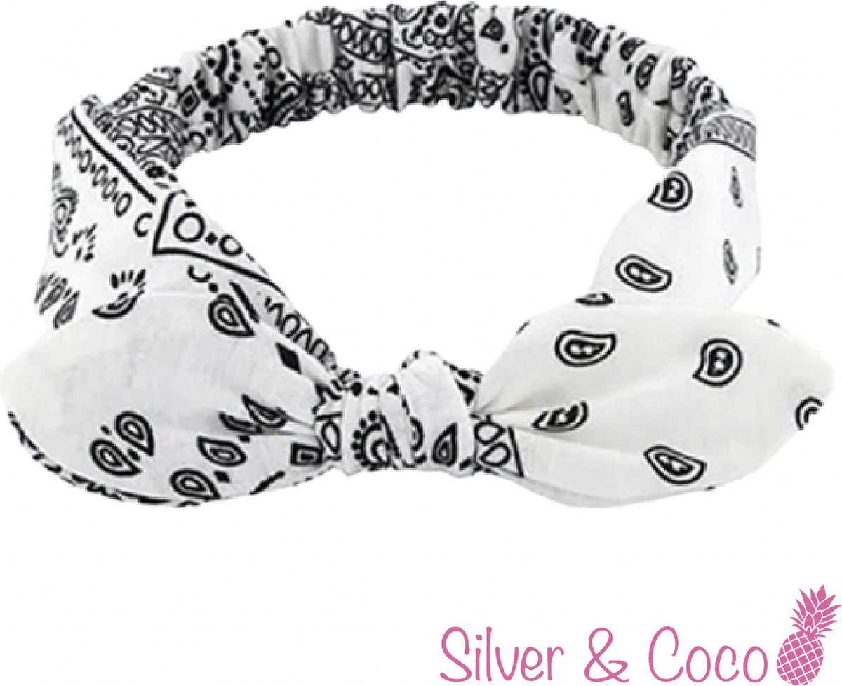 SilverAndCoco® - Houthakkers Haarband met Strik Dikke Elastische Festival Hoofdband Gedraaid / Brede Boho Vrolijke Zomer Haarbanden Dames / Elastische Meisjes Make up Knoop Houthakkers Zakdoek Bandana Breed - Wit