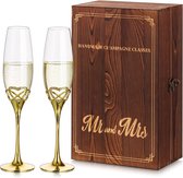Flûtes à champagne Cadeau d'Argent Mariage - Set de 2 Flûtes à champagne Dorés avec Coffret Cadeau en Bois Glas en Cristal Personnalisé pour Mariages de M. Mme, Fiançailles, Anniversaire, Fête d'Anniversaire