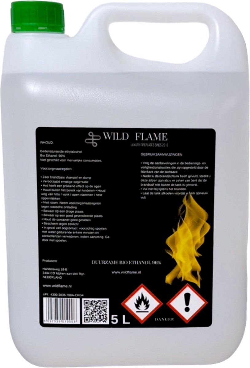 WILD FLAME 96 % Duurzame Bio Ethanol Brandstof 5 Liter Jerrycan - Biobrandstof voor Sfeerhaarden - Duurzame Biologische Bio-ethanol - Geurloos BIOETHANOLHAARDEN.COM - Bio-Ethanol speciaal voor automatische bio ethanol branders!