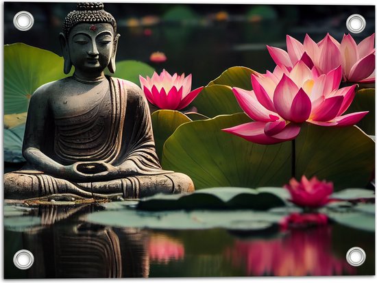 Tuinposter – Buddha - Waterlelies - Bloemen - Bladeren - Water - 40x30 cm Foto op Tuinposter (wanddecoratie voor buiten en binnen)