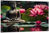 Tuinposter – Buddha - Waterlelies - Bloemen - Bladeren - Water - 120x80 cm Foto op Tuinposter (wanddecoratie voor buiten en binnen)