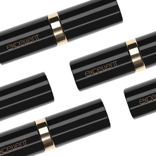 Vijf zwarte lippenstiftkokers met gouden band.