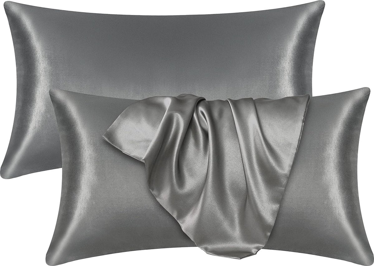 Set de 2 taies d'oreiller en satin 50 x 70 cm, gris foncé, doux, semblable  à de la