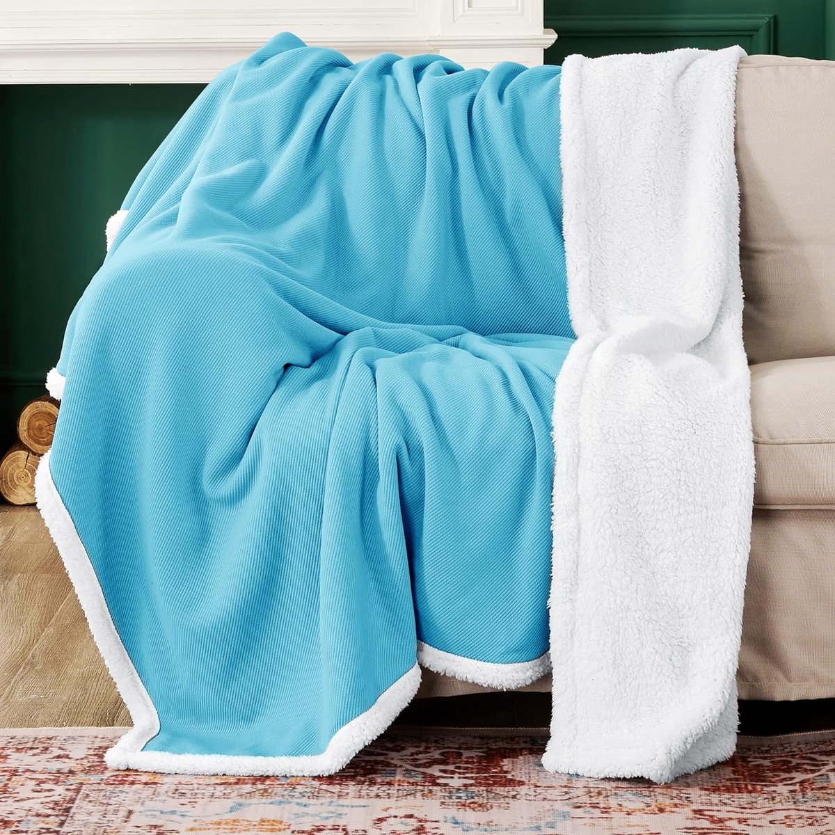Thuys Knuffeldeken Sherpa sofadeken, zachte woondeken, gezellige pluche woondeken, 130 x 150 cm, gebreid, turquoise, 1 stuk