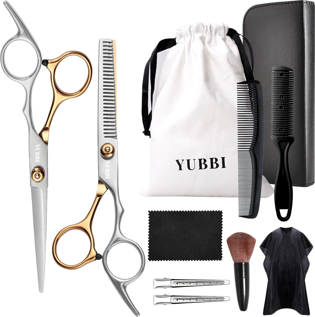 YUBBI Professionele Kappersschaar Set - 11 delig - Knipschaar - Coupeschaar - Uitdunschaar - Snijkam - Zilver Goud