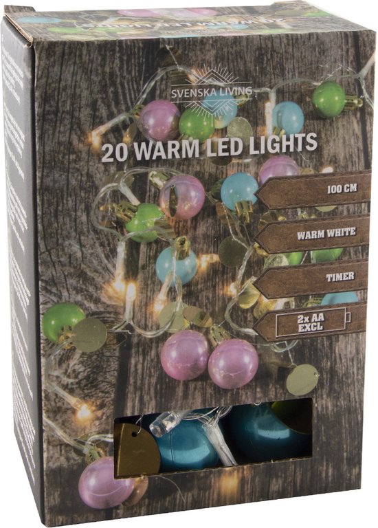 Svenska Living lichtsnoer - 20 gekleurde kerstballen - warm wit - 120 cm