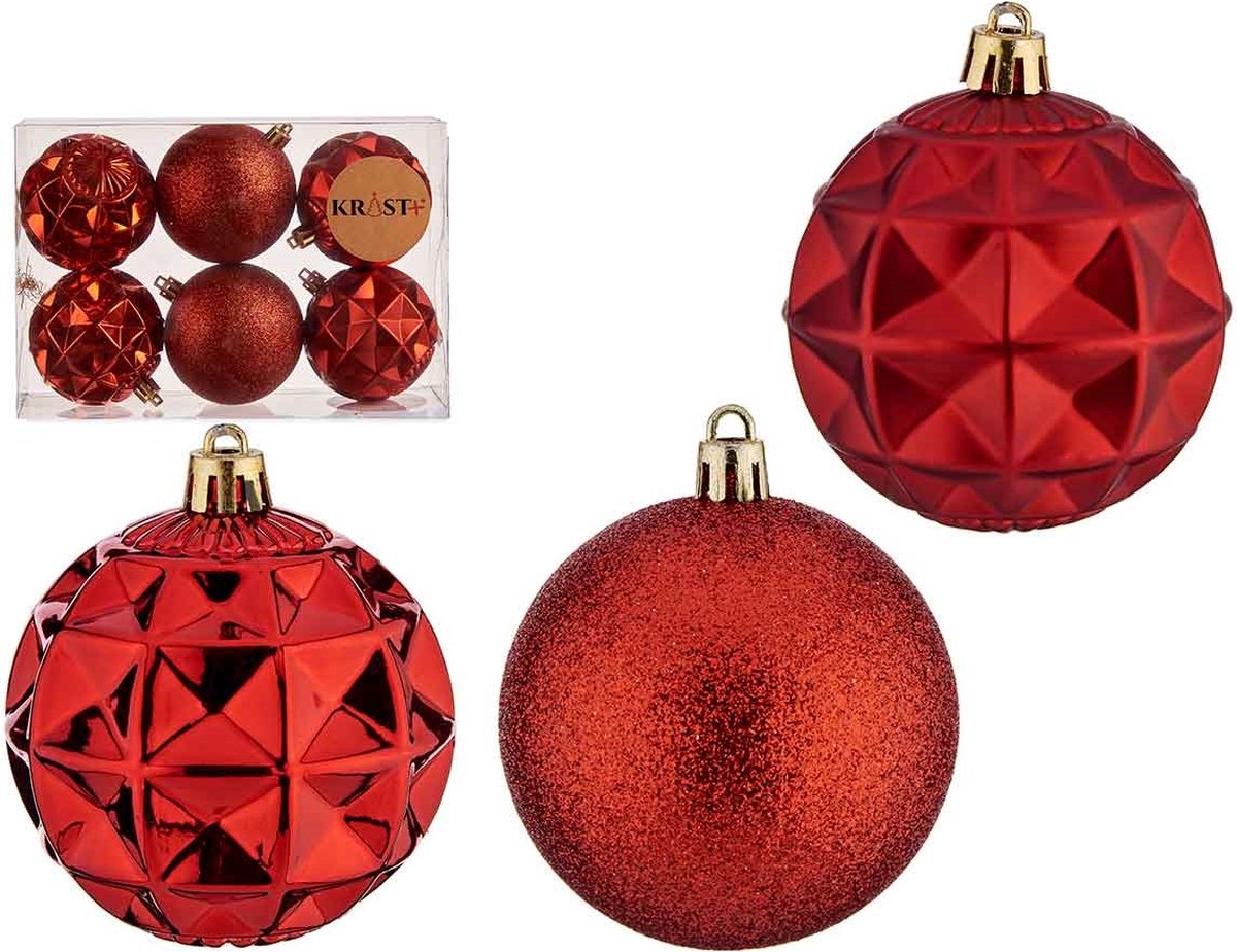 Krist+ Gedecoreerde kerstballen - 6x stuks - rood - kunststof - 7 cm - kerstversiering - onbreekbare kerstballen