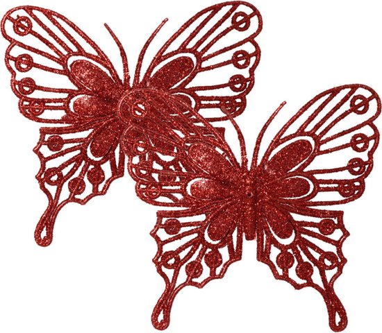 Decoris decoratie vlinders op clip - 2x - rood - 13 cm