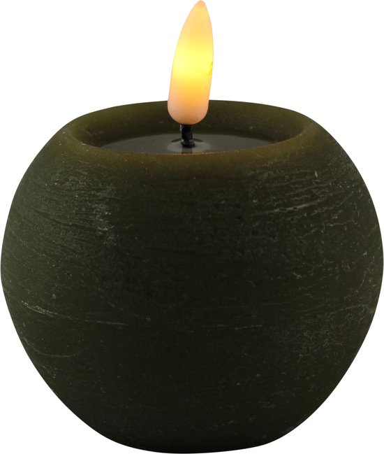 Bougie/bougie boule LED Magic Flame - ronde - vert olive - D8 x H7,5 cm