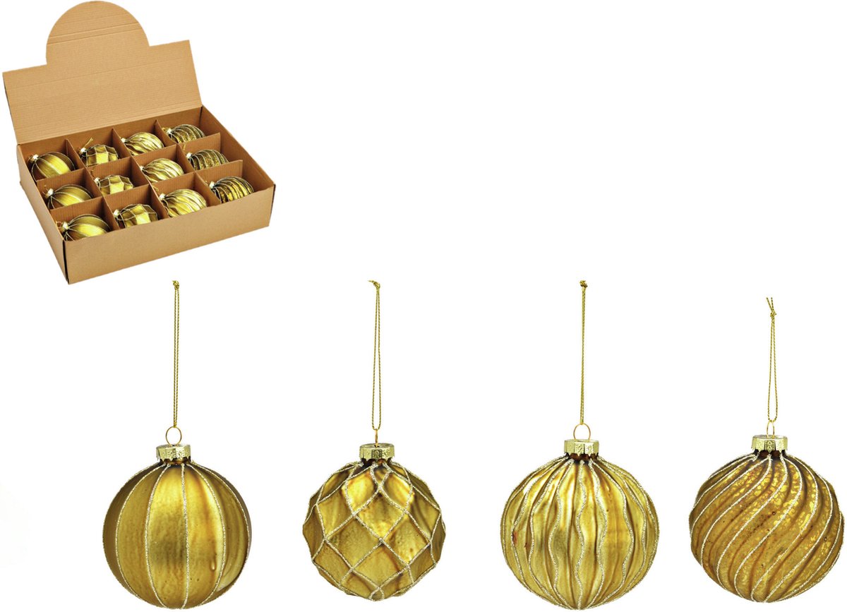 G. Wurm luxe gedecoreerde kerstballen - 12x stuks - goud - glas - 8 cm