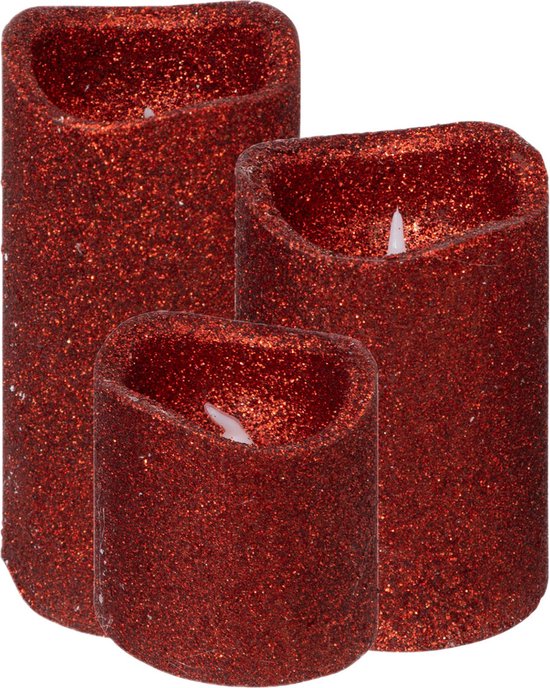 Feeric lights LED stompkaarsen - 3x - rood - glitter