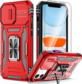 Podec Hoesje geschikt voor iPhone 11 Rood Telefoonhoesje - Anti-Shock Case Cover Hybrid Armor Hoes met Kickstand Ring met Screenprotector