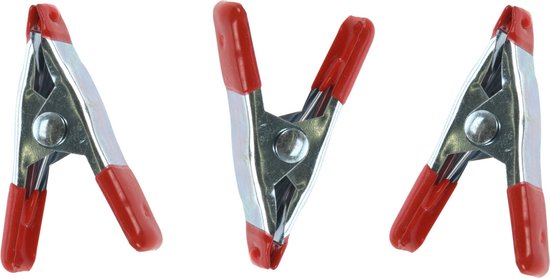 Drie zilverkleurige lijmklemmen met rode handvatten op een witte achtergrond.