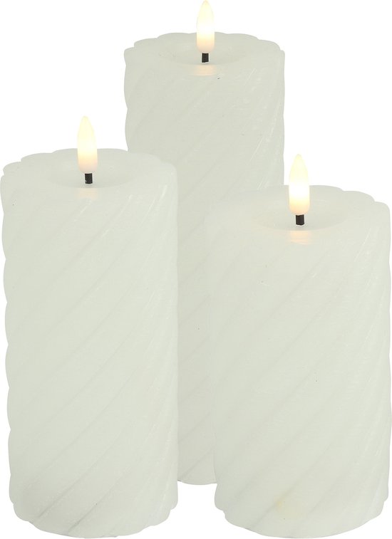 LED kaarsen/stompkaarsen set - 3x - wit - H12,5, H15, H20 cm - swirl