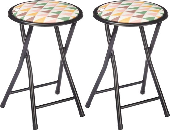 Giftdecor Bijzet krukje/stoel - 2x - Opvouwbaar - zwart/deco patroon - D30 x H45 cm