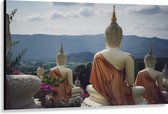 Canvas - Buddhas - Bloemen - Bergen - Bomen - 150x100 cm Foto op Canvas Schilderij (Wanddecoratie op Canvas)