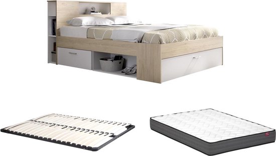 Bed met hoofdeinde met opbergruimte en lades - 140 x 190 cm - Kleur: naturel en wit + bedbodem + matras - LEANDRE L 218.5 cm x H 95 cm x D 149.6 cm