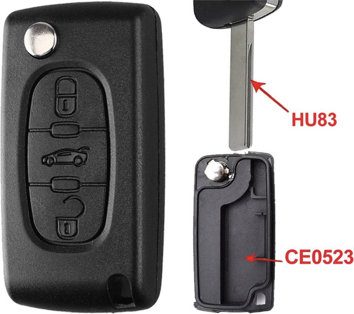 Autosleutel Autosleutelbehuizing - sleutel - Sleutelbehuizing- Autosleutel / Peugeot 3 knops HU83