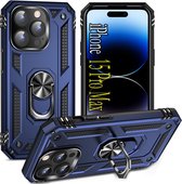 Casemania Hoesje Geschikt voor Apple iPhone 15 Pro Max Blauw - Anti-Shock Hybrid Armor met Kickstand Ring