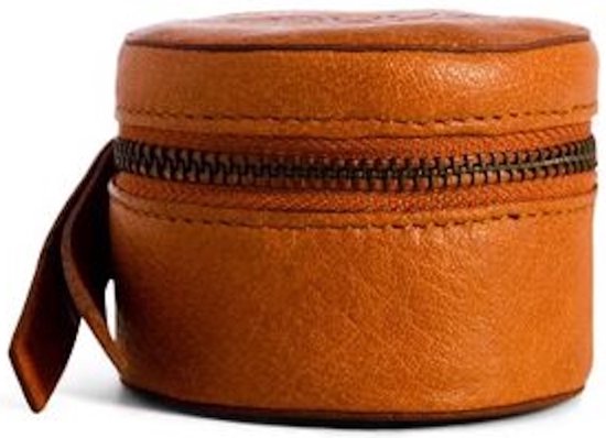 Muud Helsinki. Handgemaakt leren ronde kubus voor handwerk accessoires 5.5x7.5cm - Kleur Whisky