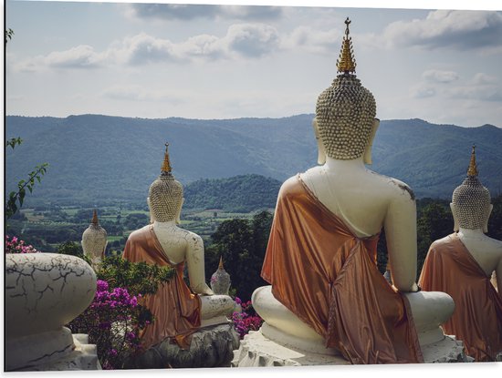 Dibond - Buddhas - Bloemen - Bergen - Bomen - 80x60 cm Foto op Aluminium (Wanddecoratie van metaal)