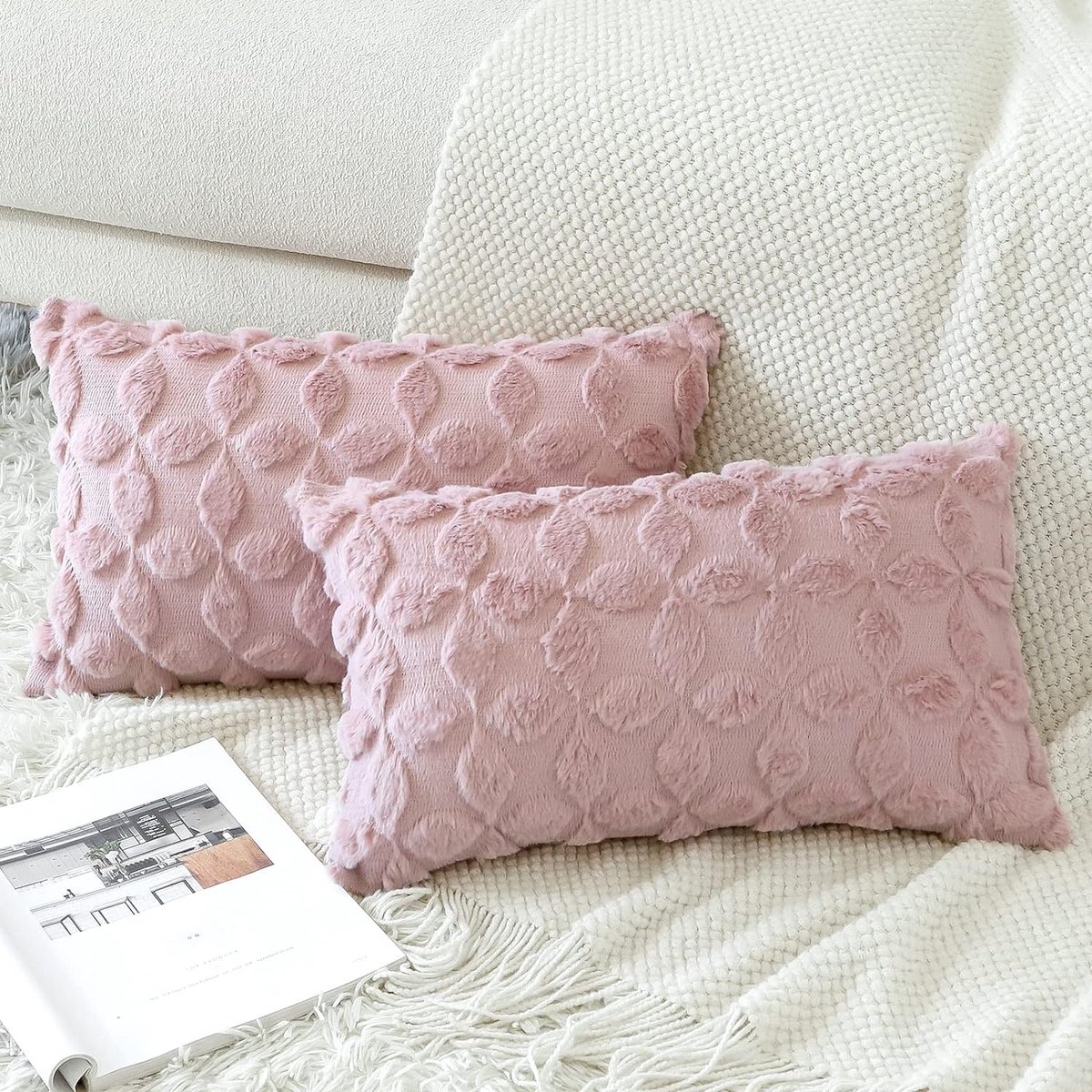 Artscope Set van 2 wollen kussenhoezen, zacht pluche, kort wolfluweel, decoratieve kussenovertrekken, luxe bankkussen, Europese kussenhoes voor bank, slaapkamer, geometrisch, crème, beige, 30x50cm