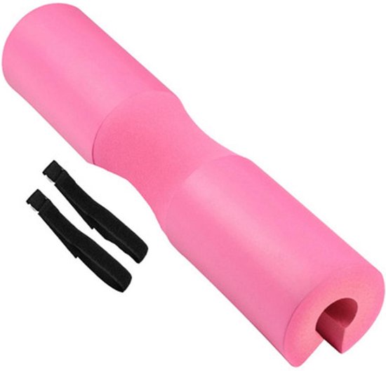 Roze, ergonomische barbell pad met een uitsparing voor de halterstang en twee zwarte klittenbandsluitingen.
