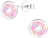 Joy|S - Zilveren donut oorbellen - 8 mm - roze met gekleurde spikkeltjes