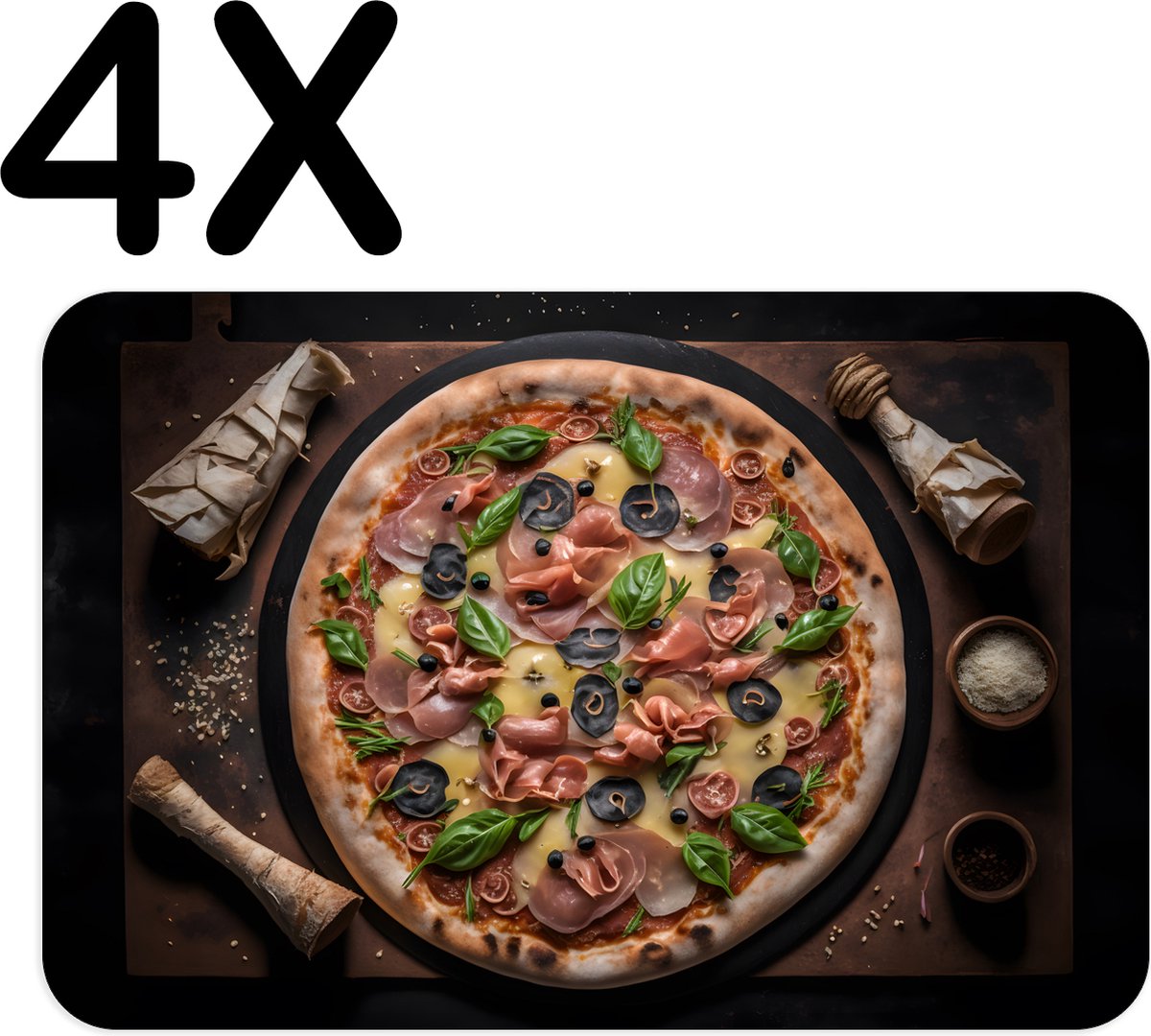 BWK Luxe Placemat - Traditionele Pizza op een Donkere Ondergrond - Set van 4 Placemats - 45x30 cm - 2 mm dik Vinyl - Anti Slip - Afneembaar