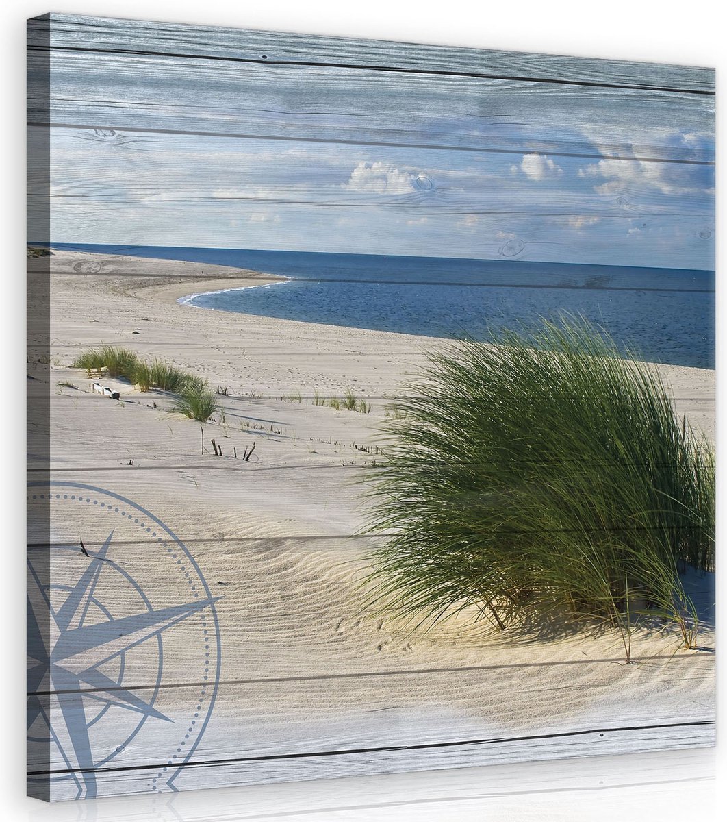 Canvas Schilderij - Duinen - Strand - Hout - Gras - Zee - Oceaan - Water - Wolken - Inclusief Frame - 80x80cm (lxb) Blauw
