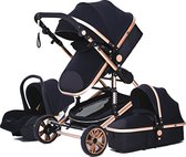 Hoobi® Luxe kinderwagen 3 in 1 - Buggy - Kinderwagen met stoel en wieg – Wandelwagen - Hoge Kwaliteit – Zwart/Goud