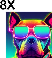 BWK Textiele Placemat - Hond met Zonnebril in Neon Kleuren - Set van 8 Placemats - 40x40 cm - Polyester Stof - Afneembaar