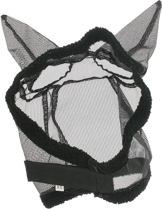 Zwart mesh vliegenmasker met oren. Klein formaat 'XS' zichtbaar op de klittenbandsluiting.