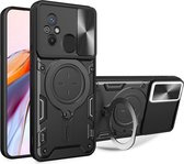 Hoesje met Camera Slider Geschikt voor de Xiaomi Redmi 12C - Back Cover met Standaard - Beschermhoes TPU - Uitklapbare Kickstand Ring - Magneet voor Auto Houder Zwart