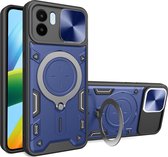 Hoesje met Camera Slider Geschikt voor de Xiaomi Redmi A1 / A2 - Back Cover met Standaard - Beschermhoes TPU - Uitklapbare Kickstand Ring - Magneet voor Auto Houder Blauw