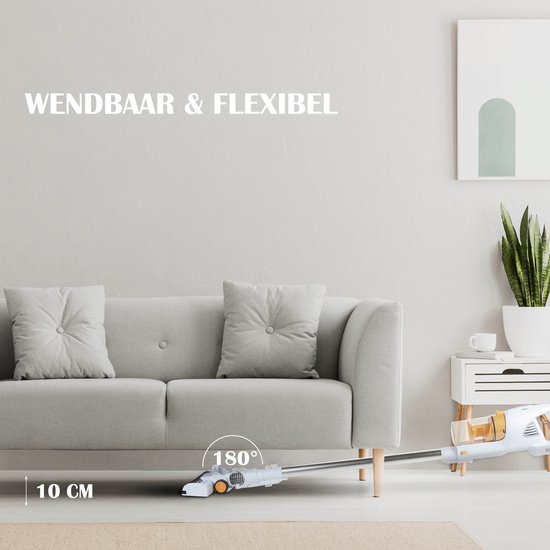 Witte en oranje steelstofzuiger die flexibel rond een bank van 10cm afstand wordt gemanoeuvreerd.
