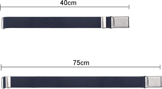 Twee donkerblauwe banden met metalen clips, 40cm en 75cm.
