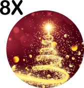 BWK Stevige Ronde Placemat - Kerstboom van Slingers op Rode Achtergrond - Set van 8 Placemats - 50x50 cm - 1 mm dik Polystyreen - Afneembaar
