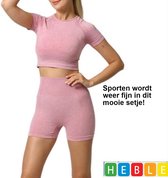 *** Leuke Sport-Outfit Maat L - High Waist Korte Broek - Croptop met Korte Mouw - Naadloos - Squatproof - van Heble® ***
