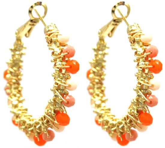 Boucles d'oreilles avec perles de verre - Acier inoxydable - 3,5 cm - Doré et Oranje