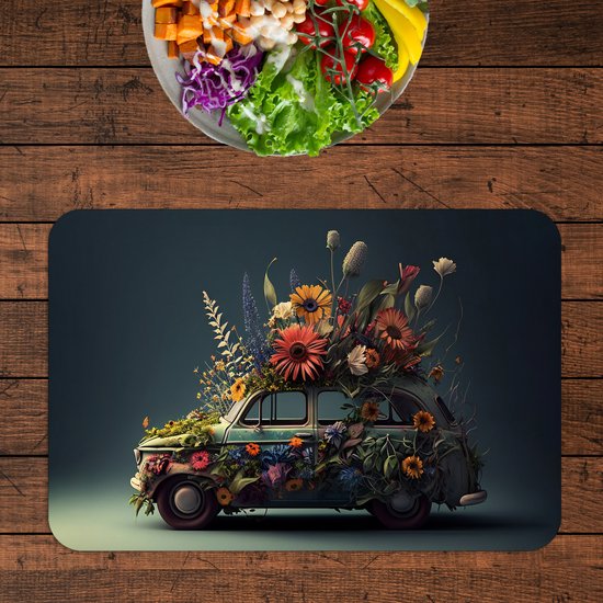 Flexibele Placemat - Kustige Bloemen Auto - Set van 2 Placemats - 45x30 cm - PVC Doek - Afneembaar